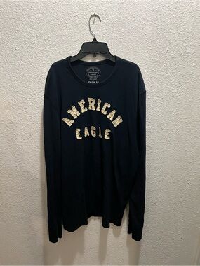 American Eagle Outfitters Navy Long-Sleeve Graphic Tee with Cream Lettering